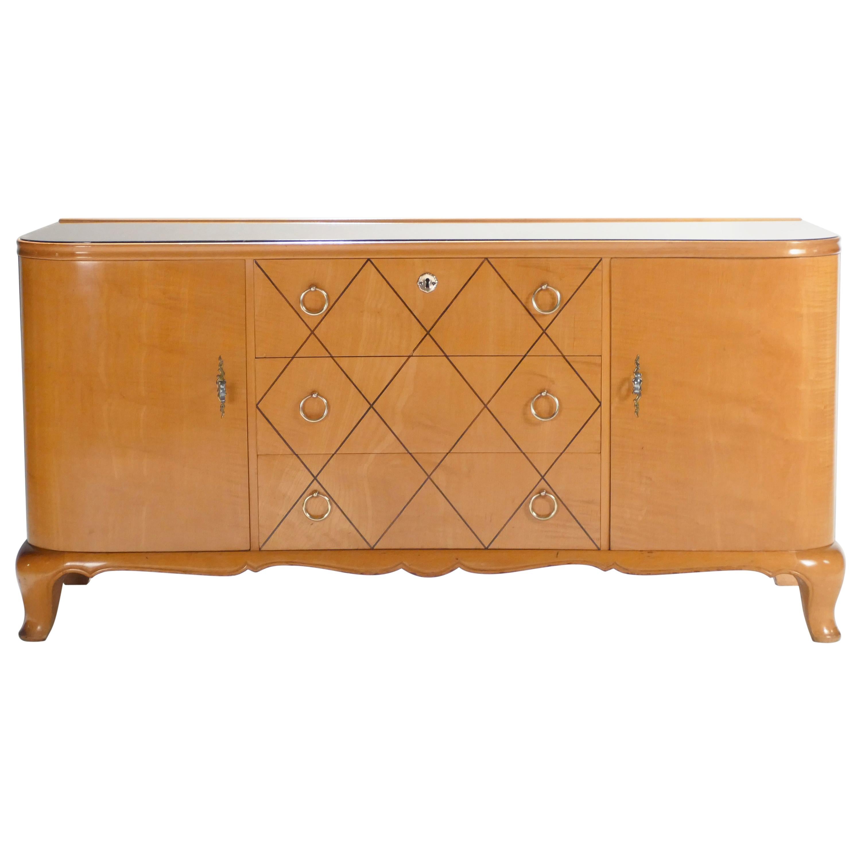 Midcentury René Prou Sycamore Brass Sideboard Commode, 1940s