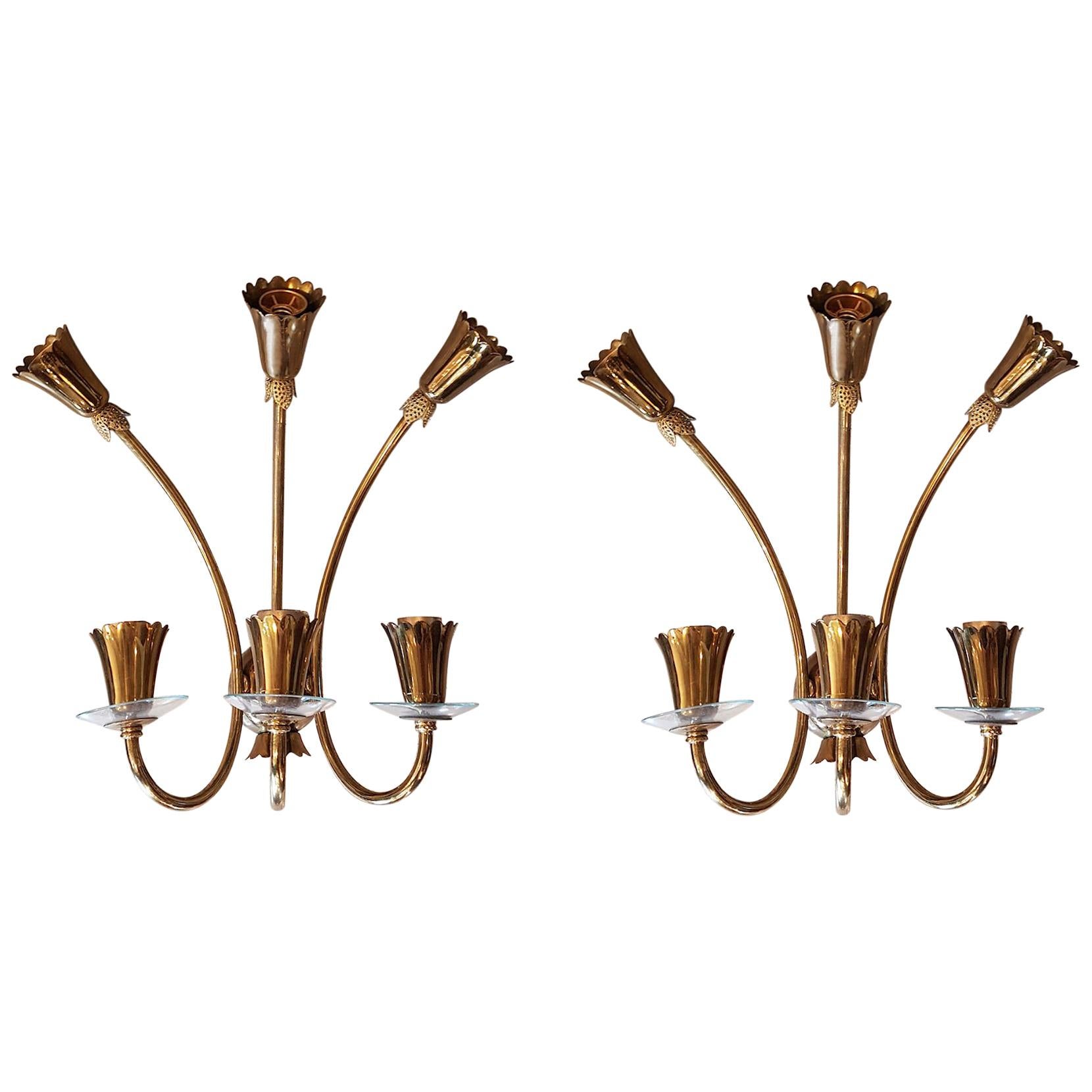 Pair of Brass and Glass Mid-Century Modern Sconces, Stilnovo Style, Italy, 1960s