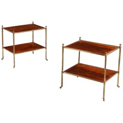 Pair of English Mahogany Wood and Brass Two-Tier Etageres or Side Tables