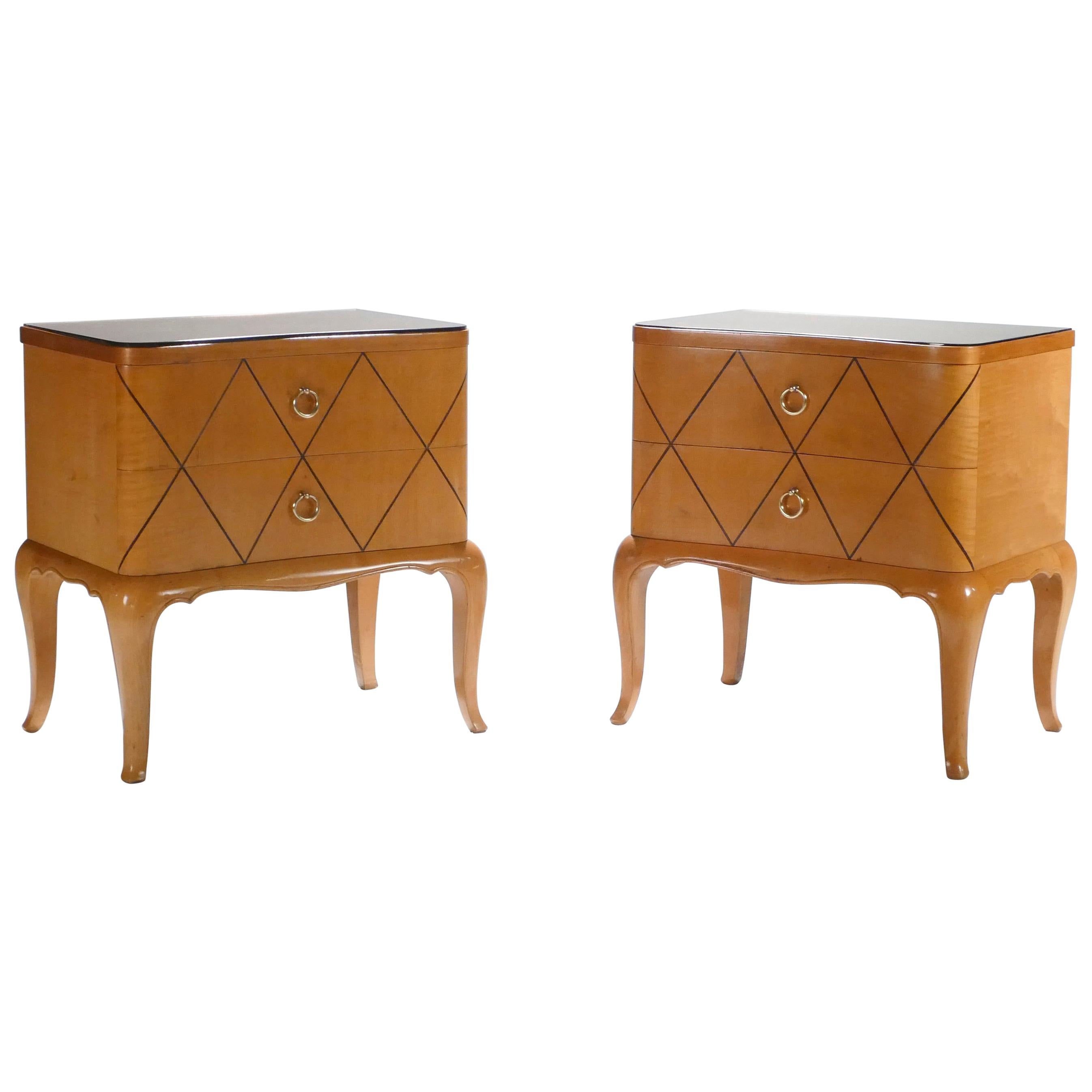 Midcentury René Prou Sycamore Brass Nightstands or End Tables, 1940s