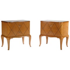 Midcentury René Prou Sycamore Brass Nightstands or End Tables, 1940s