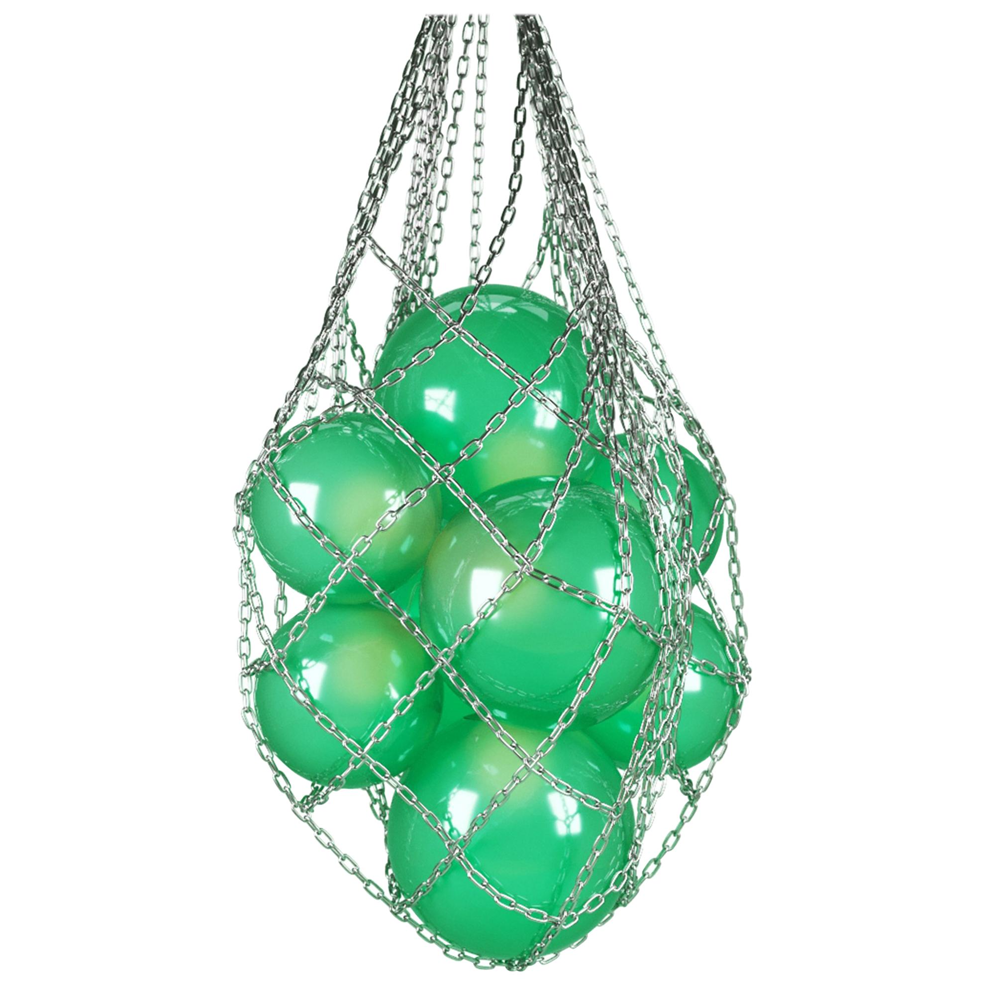 Helmi Hand Blown Green Glass and Steel Net Contemporary Chandelier For Sale