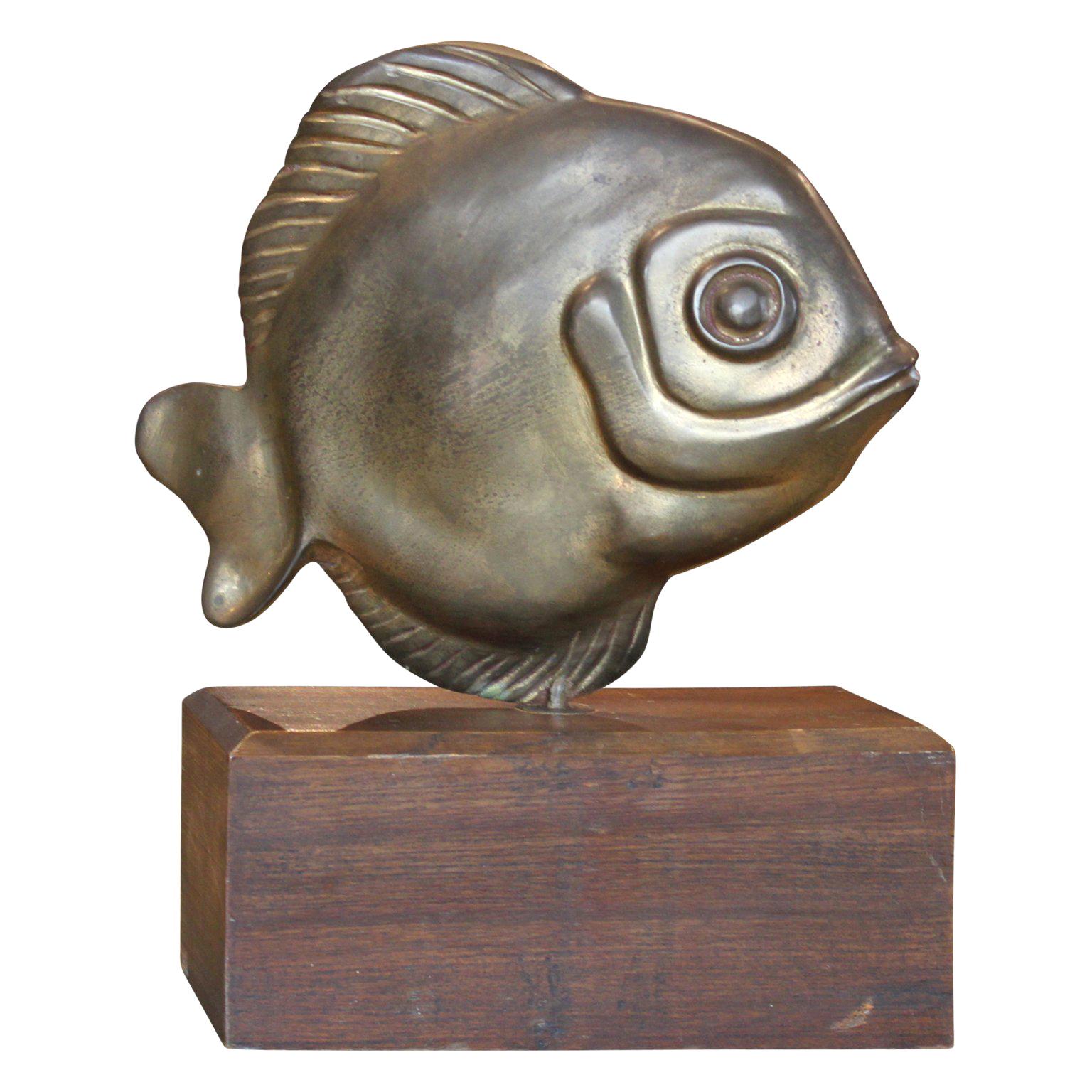 Modern Brass Sarreid Style Fish Sculpture on a Walnut Base