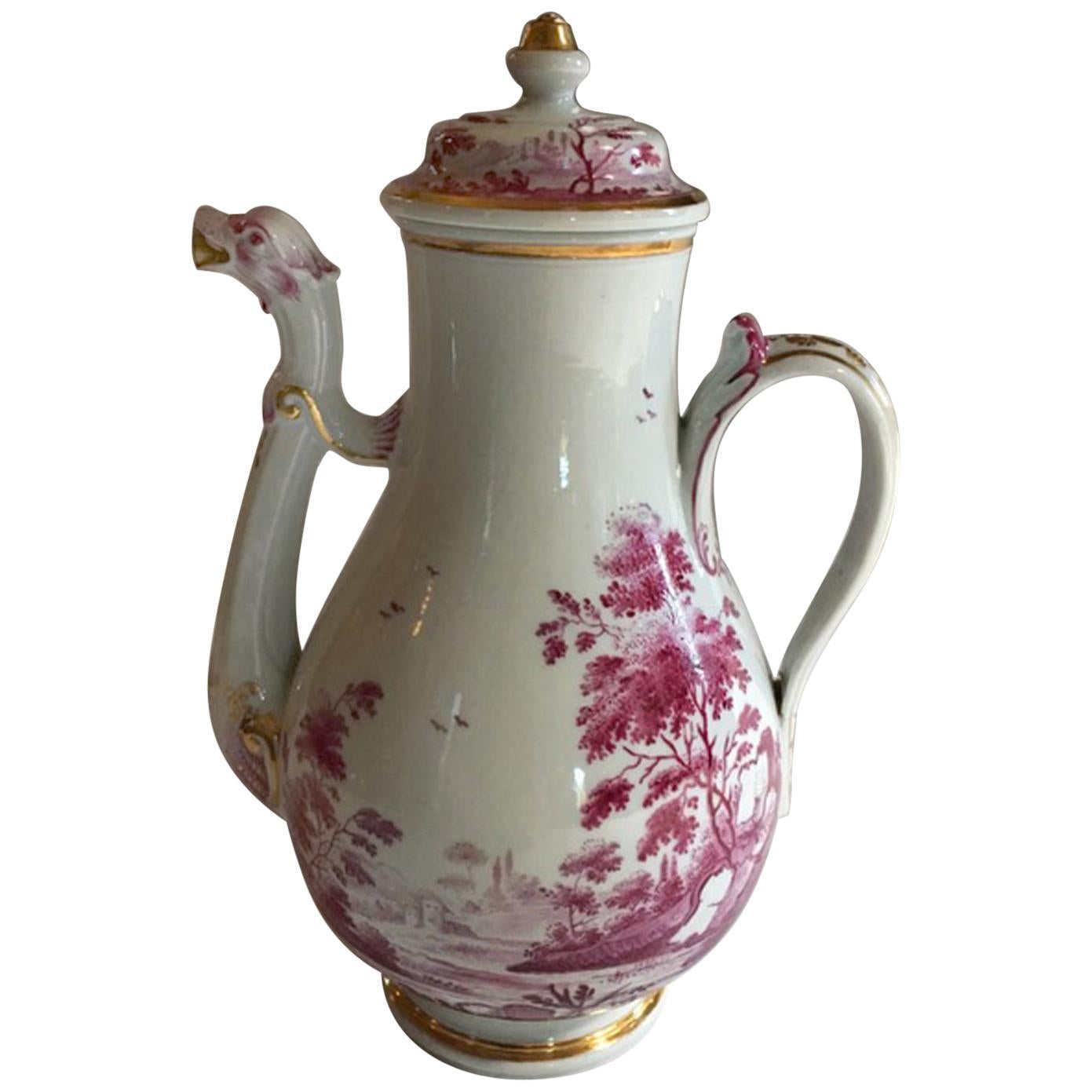 Italy Richard Ginori Mid-19th Century Porcelain Tea Pot Pink Landscape For Sale