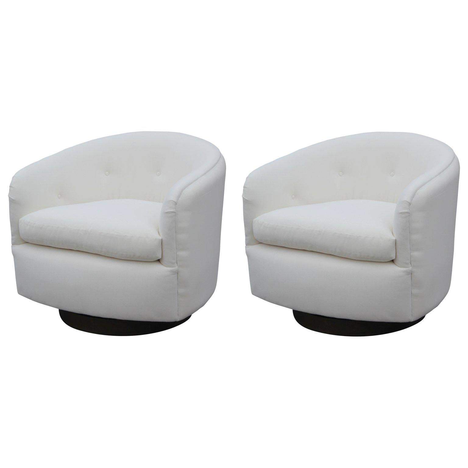 Pair of Modern White Velvet Milo Baughman for Thayer Coggin Walnut Swivel Chairs