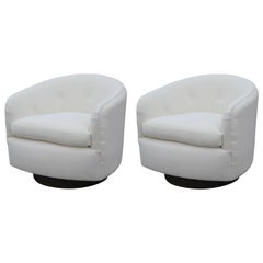 Pair of Modern White Velvet Milo Baughman for Thayer Coggin Walnut Swivel Chairs