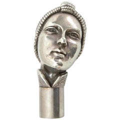 Antique Art Deco Female Head, Silver and Wood Cane or Walking Stick