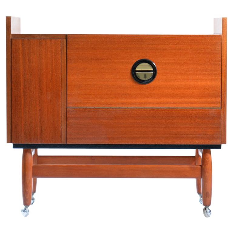 Bar Sideboard on Wheels in Mahogany and Brass, Czechoslovakia, 1970 For Sale