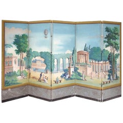 Antique French Directoire Screen Figuring a Neoclassic Style Garden, Late 18th Century