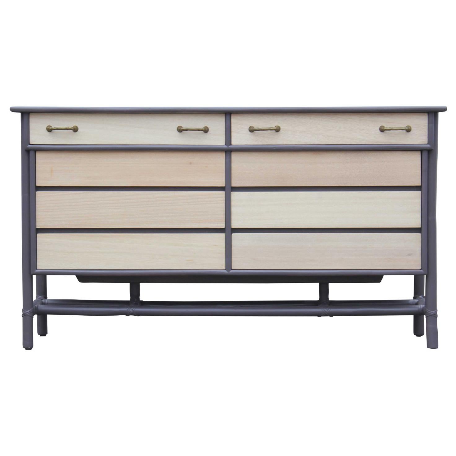 Modern Eight-Drawer Grey and Natural Dresser with Brass Handles by McGuire