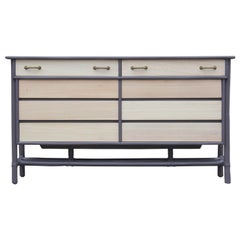 Retro Modern Eight-Drawer Grey and Natural Dresser with Brass Handles by McGuire