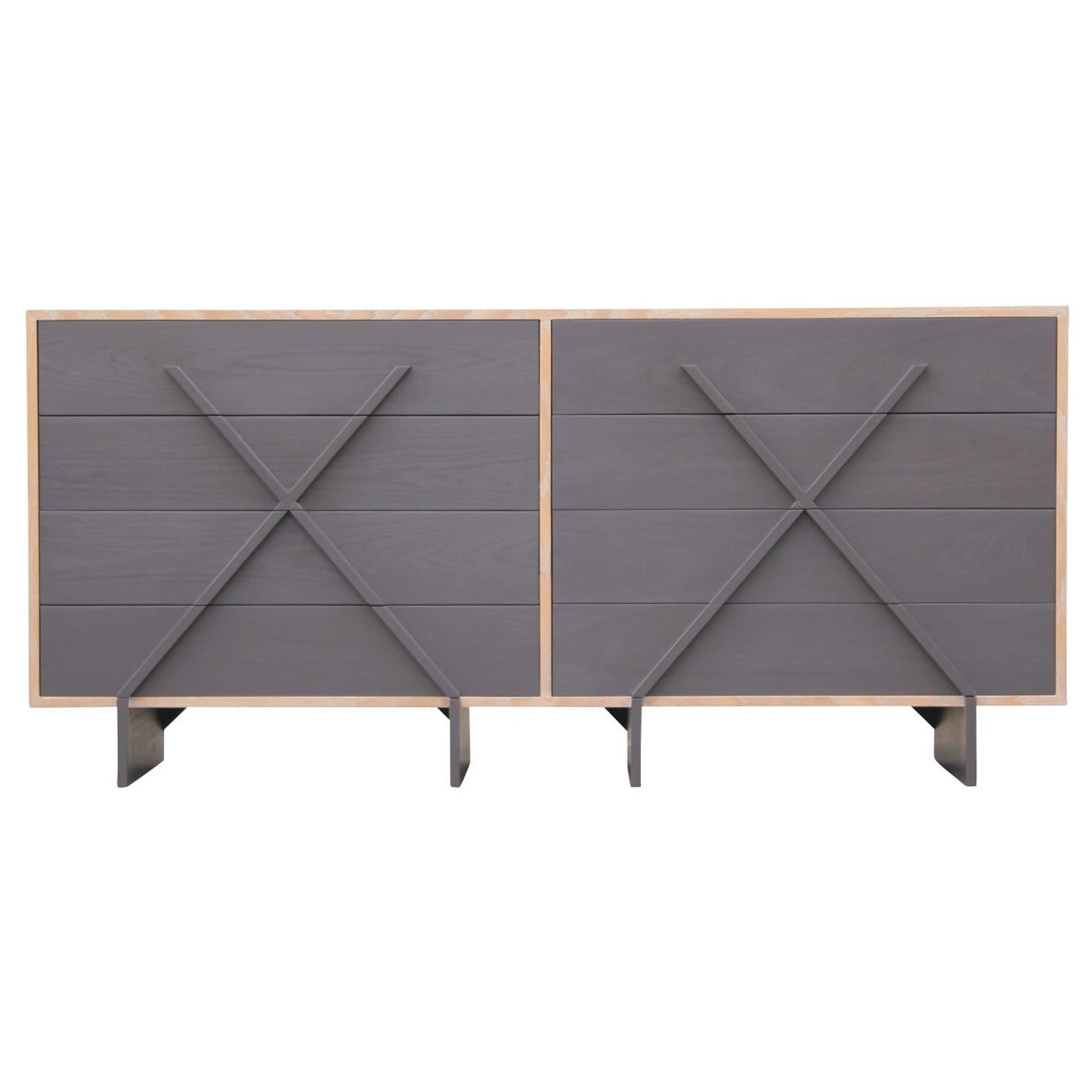 Modern Custom Double "X" Grey and Cerused Eight-Drawer Dresser