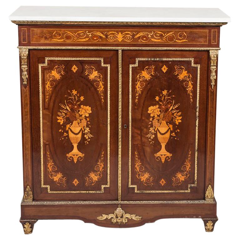 Floral Marquetry Two-Door Cabinet with Carrera Marble Top For Sale