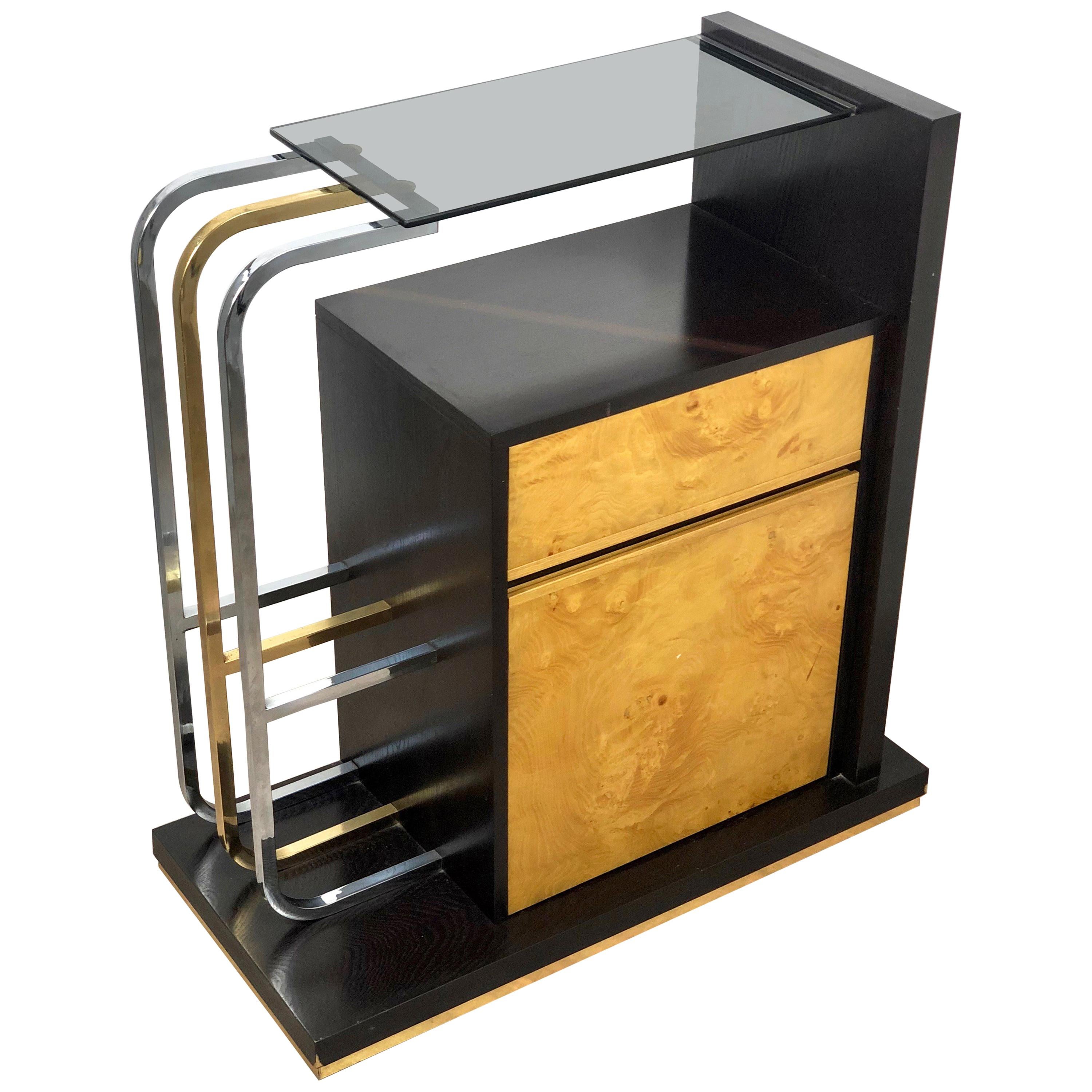 Willy Rizzo Console Table in Wood, Brass, Chrome and Smoked Glass, 1970s, Italy
