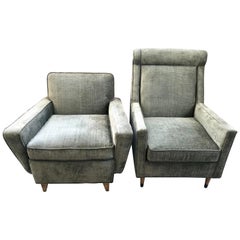 Pair of Mid-Century Modern His and Hers Olive Velveteen Danish Lounge Chairs