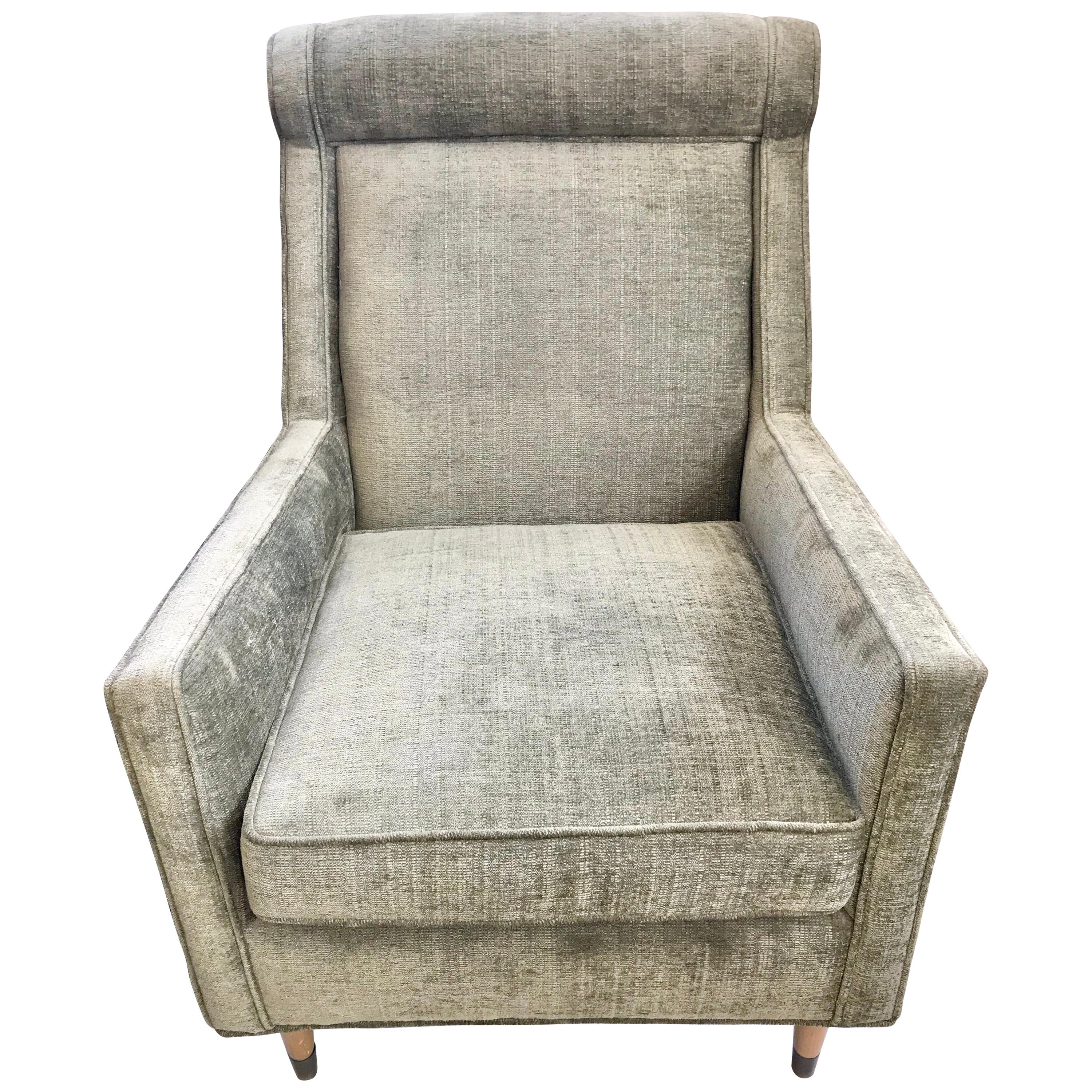 Mid-Century Modern Velveteen Olive Green Upholstered Lounge Chair