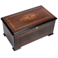 Swiss Music Box with Ten Airs Drums and Bells Finely Inlaid Marquetry circa 1880