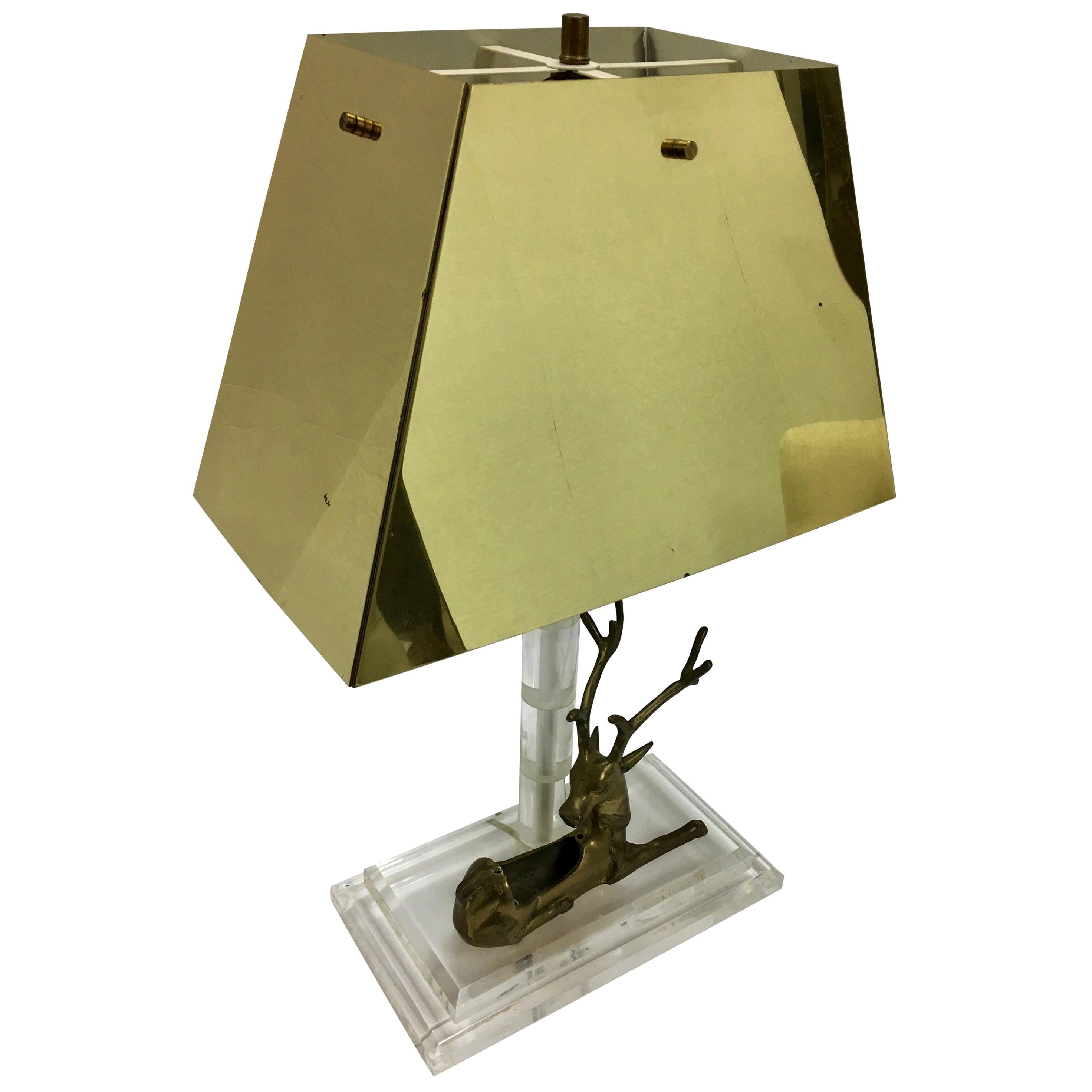 Mid-Century Modern Lucite and Brass Table Lamp with Reindeer Deer Card Holder