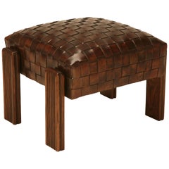 Unique French Handwoven Leather Ottoman Arts & Craft Style Available in Any Size