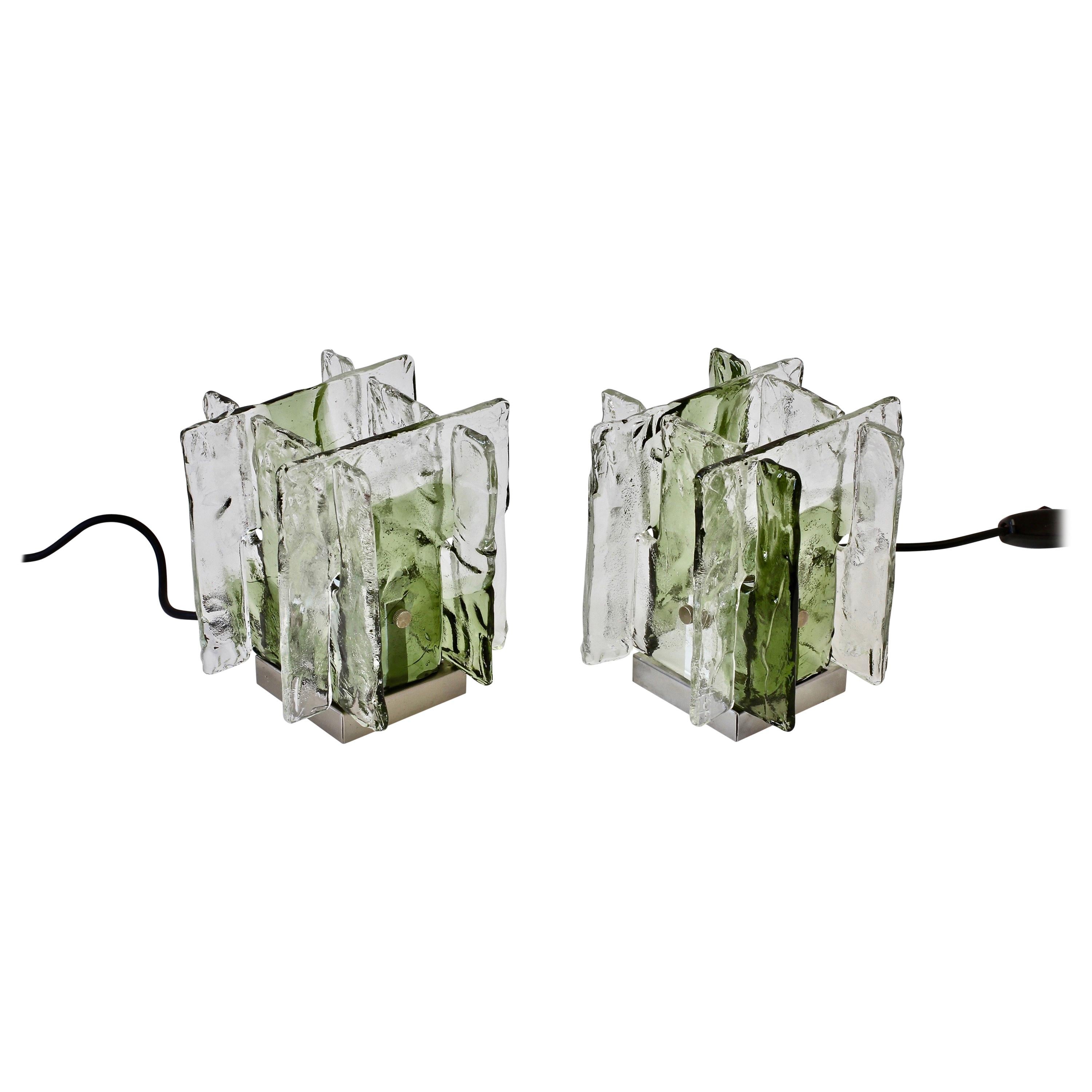 Pair of 1970s Vintage Carlo Nason for Mazzega Green and Clear Glass Table Lamps