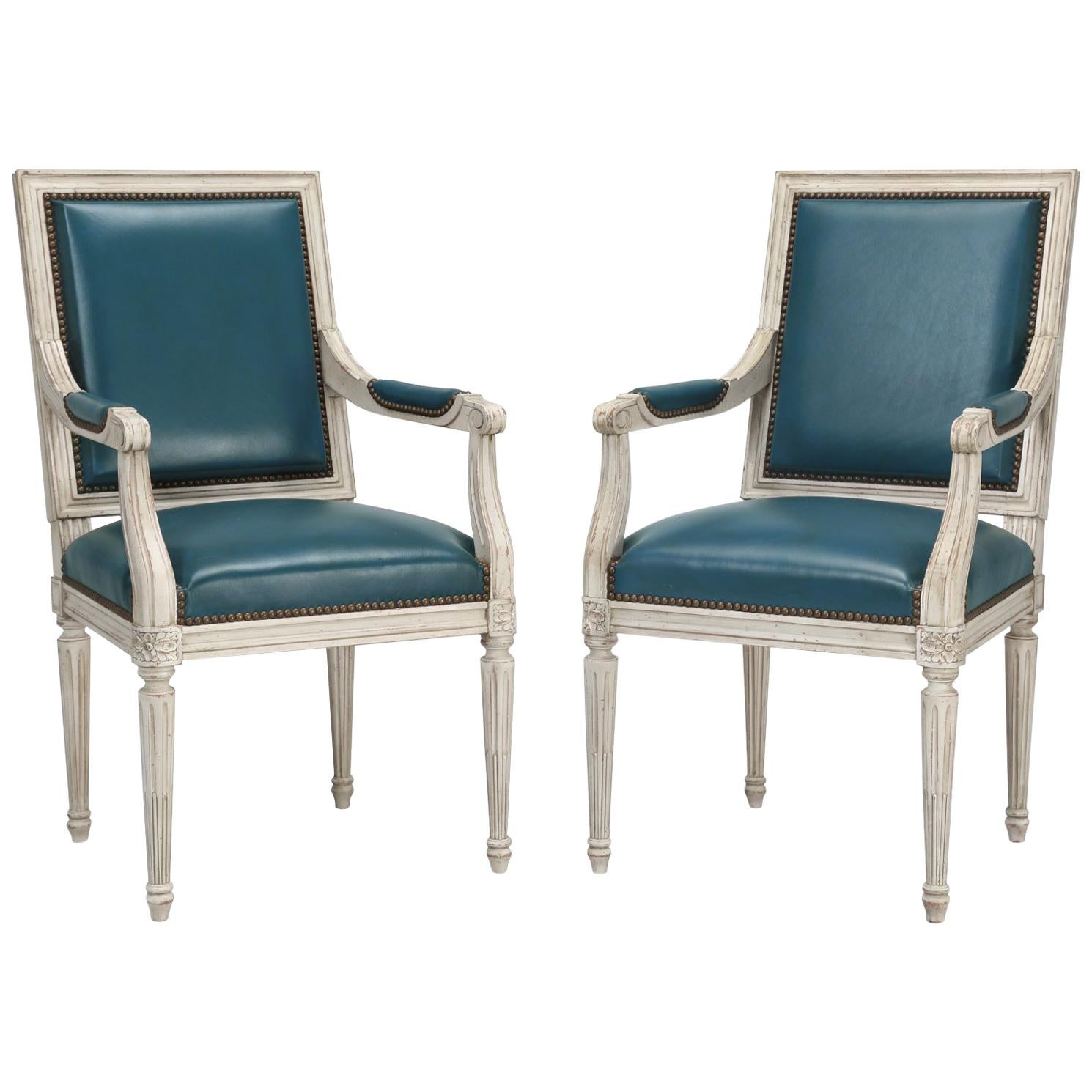 French Louis XVI Style Arm chairs Custom Dyed Blue Leather, Side chair Available