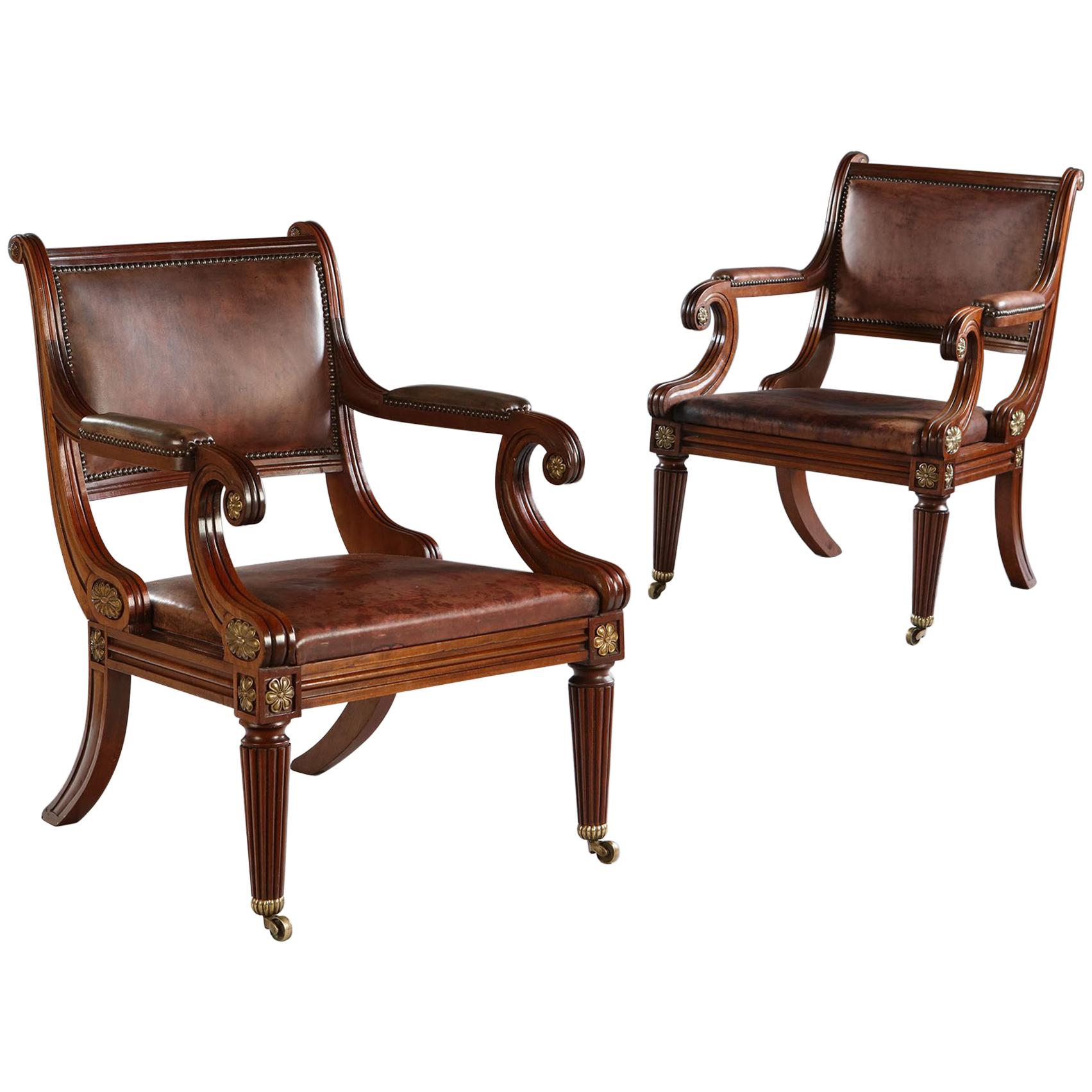 Pair of Early 20th Century Edwardian Mahogany and Leather Library Armchairs