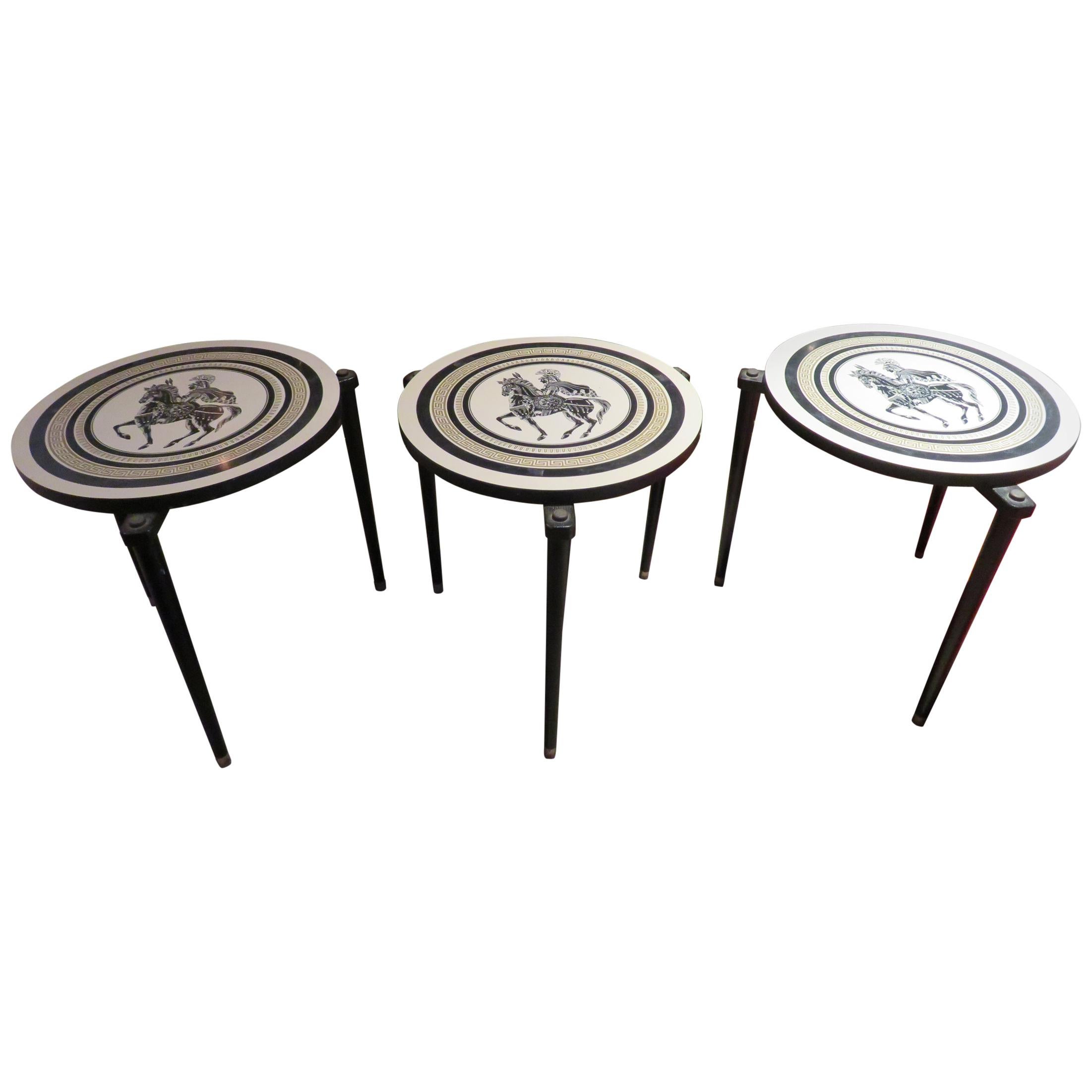 Charming Set of 3 Piero Fornasetti Style Stack Nesting Table Mid-Century Modern For Sale