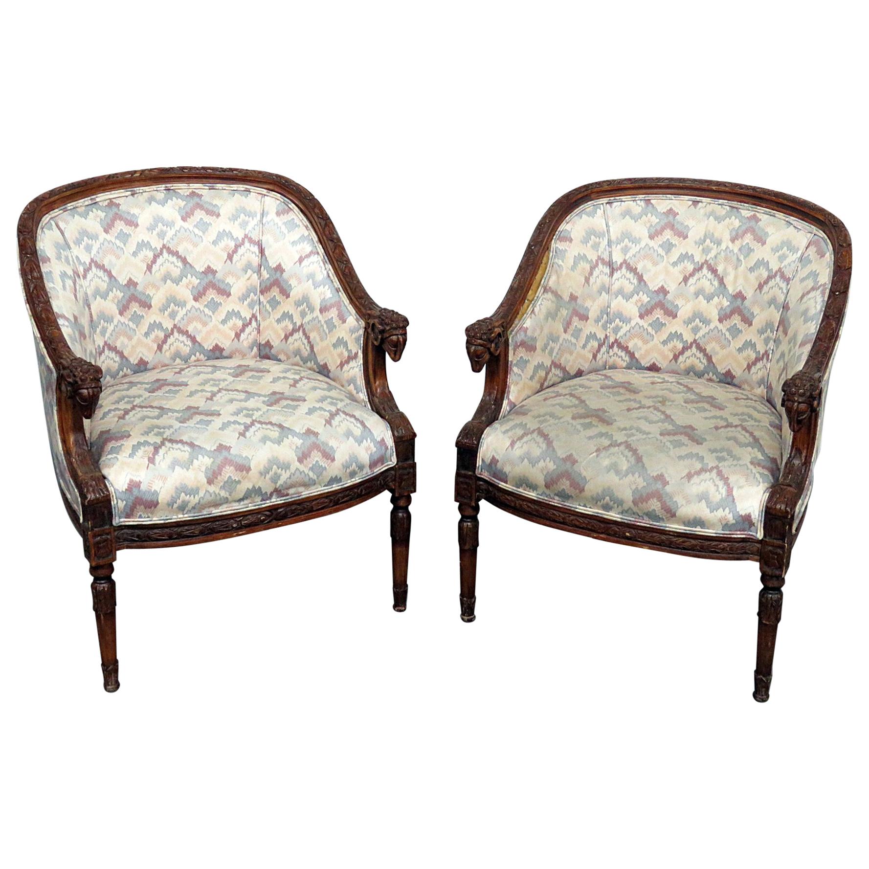 Pair of French Carved Mahogany Rams Head Bergere chairs C1940s