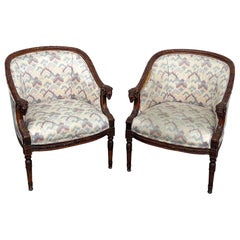 Pair of French Carved Mahogany Rams Head Bergere chairs C1940s