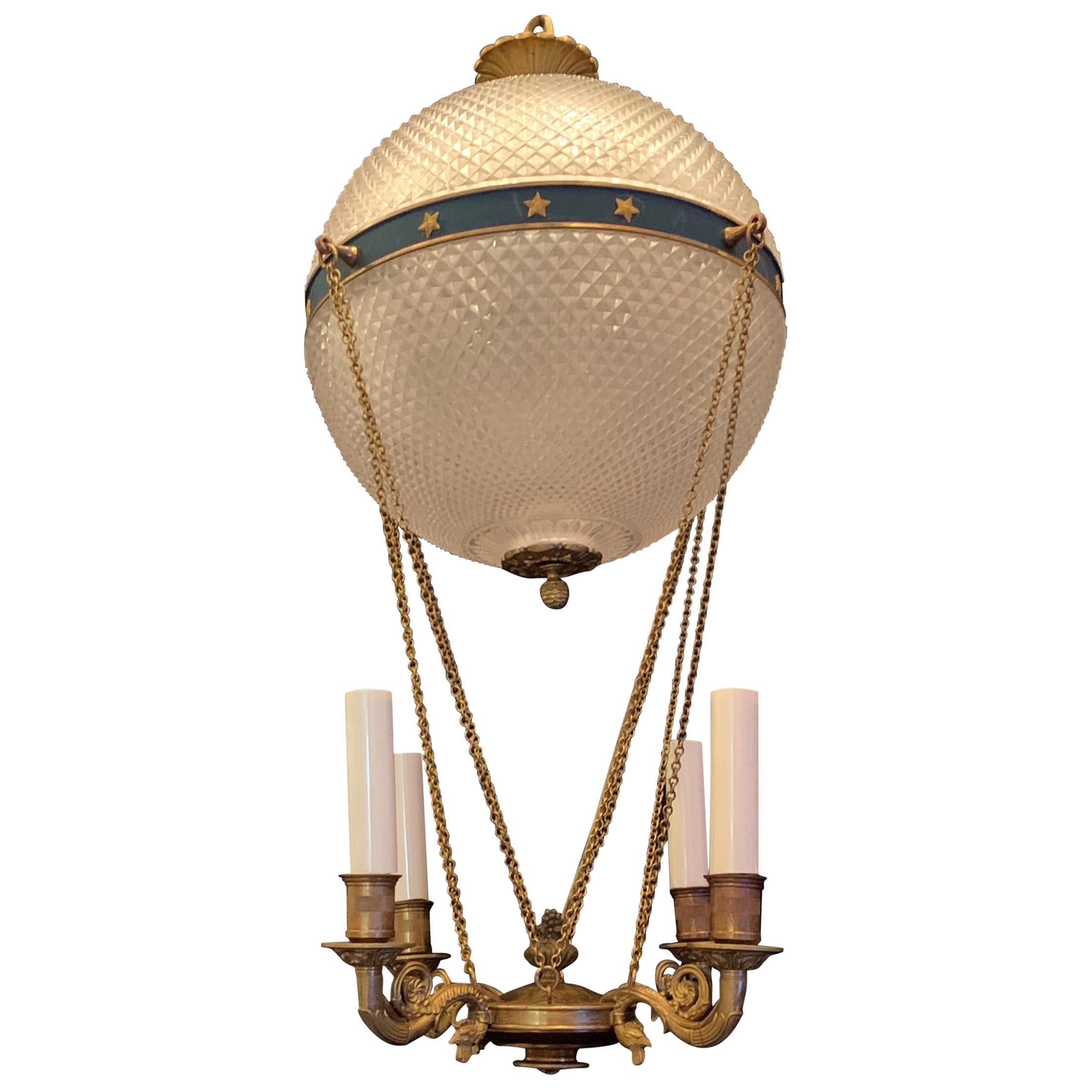 Wonderful French Neoclassical Bronze Crystal Hot Air Balloon Fixture Chandelier