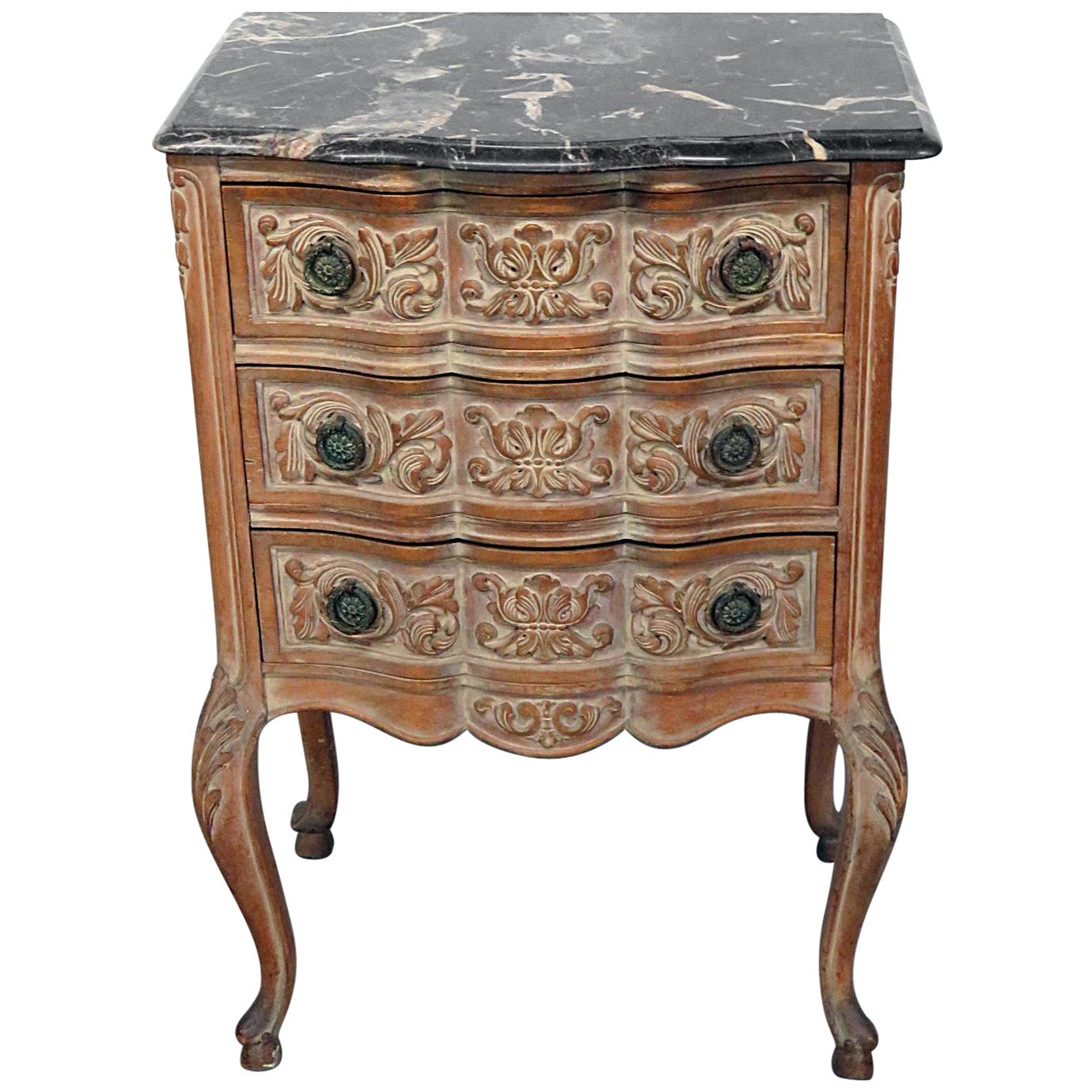 Antique Carved Louis XVI Style Marble Top Night Stand Table