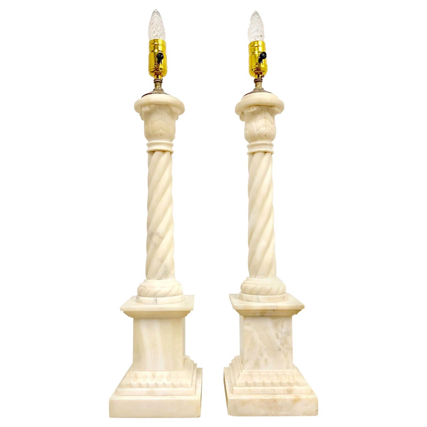 Pair of Alabaster Column Lamps