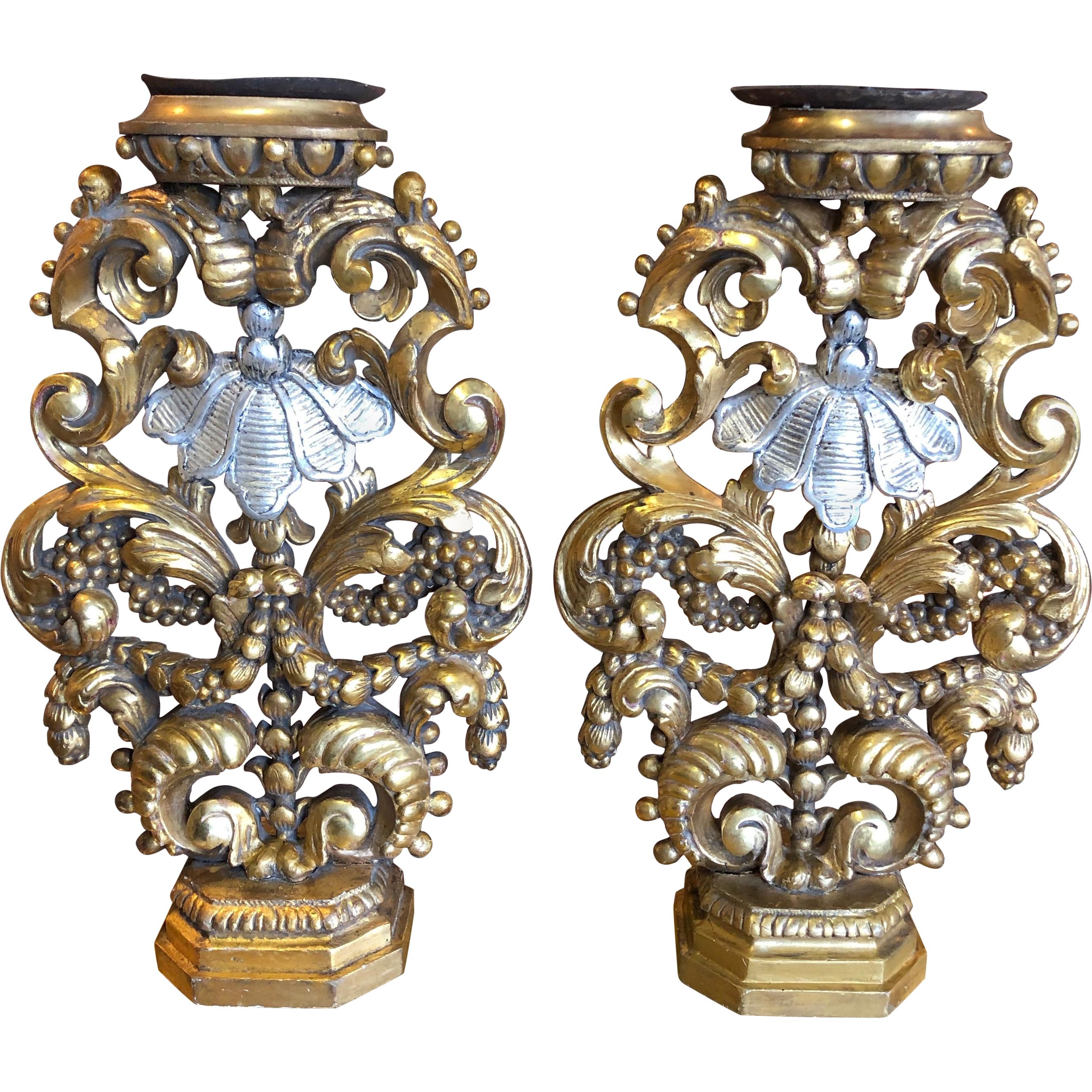 Pair of Baroque Style Giltwood and Silver Gilt Candlesticks