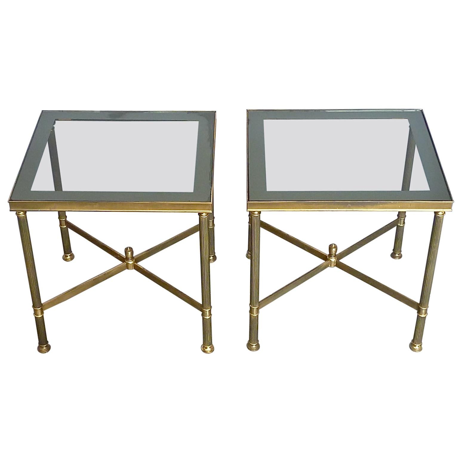 Pair French Midcentury Side Tables by Maison Jansen Patinated Brass Mirror Glass