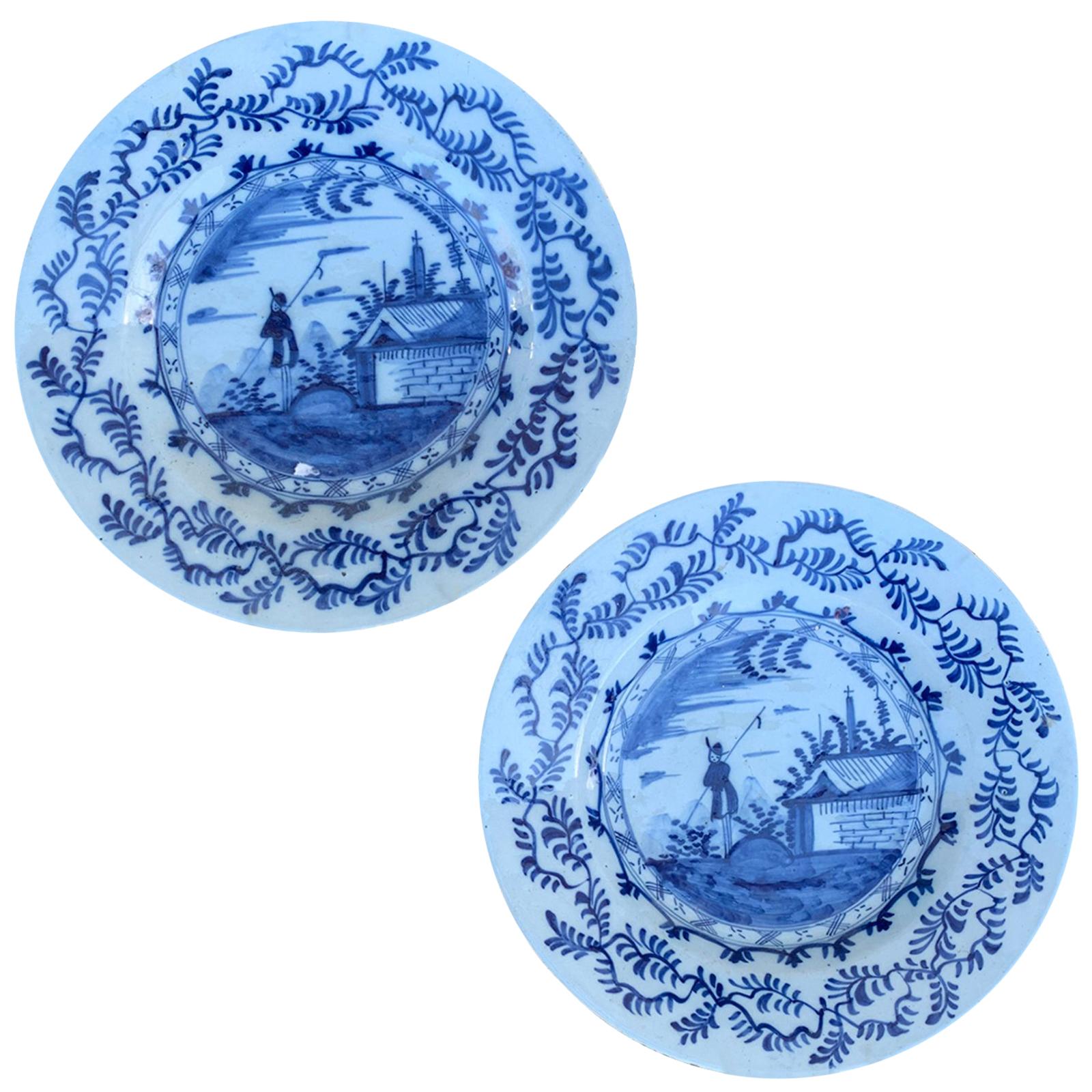 Pair of 18th Century Delft Style Blue & White Plates with Fisherman
