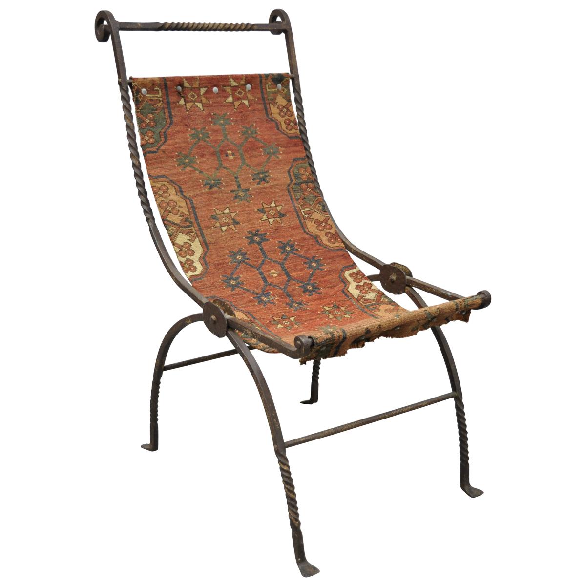 19th Century Hand Wrought Iron Renaissance Savonarola Carpet Sling Side Chair For Sale