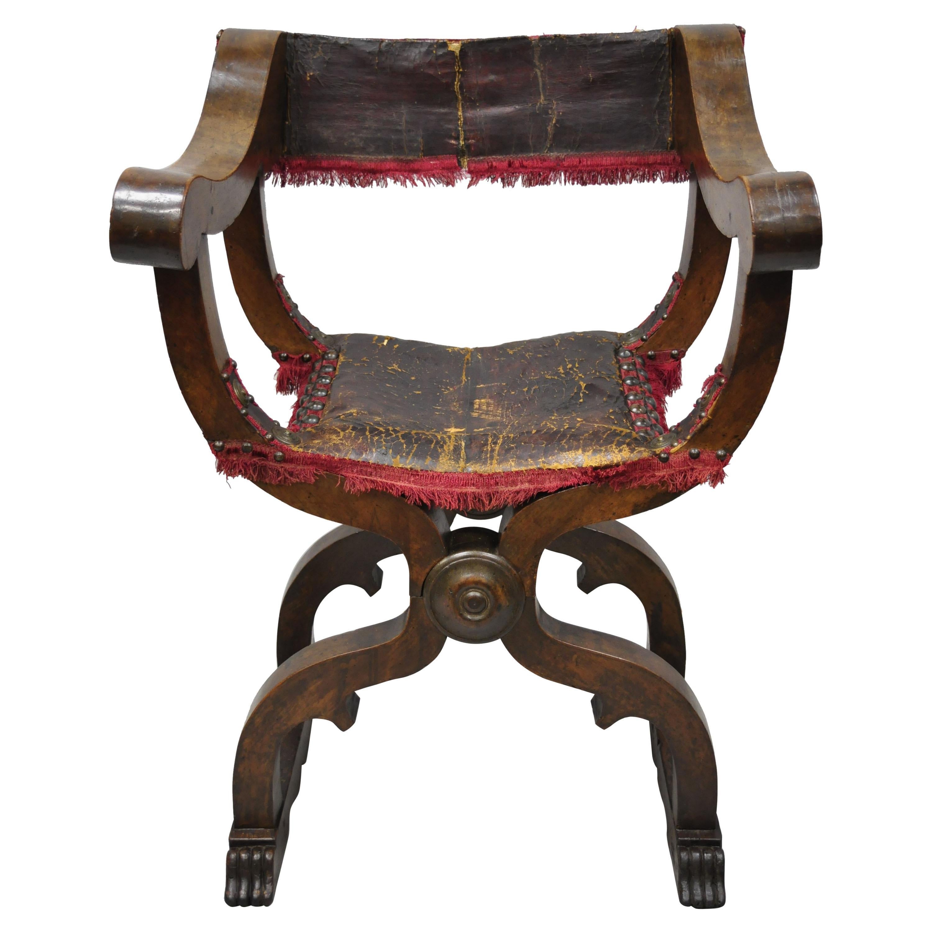 italienischer Renaissance-Savonarola-Sessel aus Nussbaum und Leder aus dem 19
