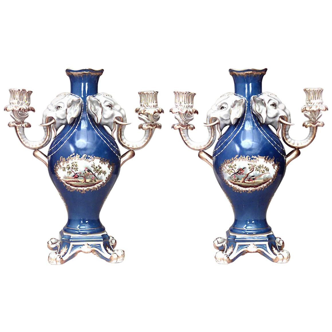 Pair of French Louis XV Style Blue Vases with Candelabra Arms For Sale
