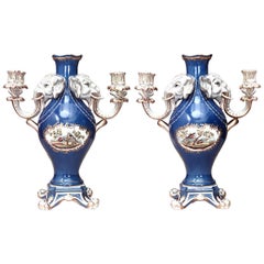 Antique Pair of French Louis XV Style Blue Vases with Candelabra Arms
