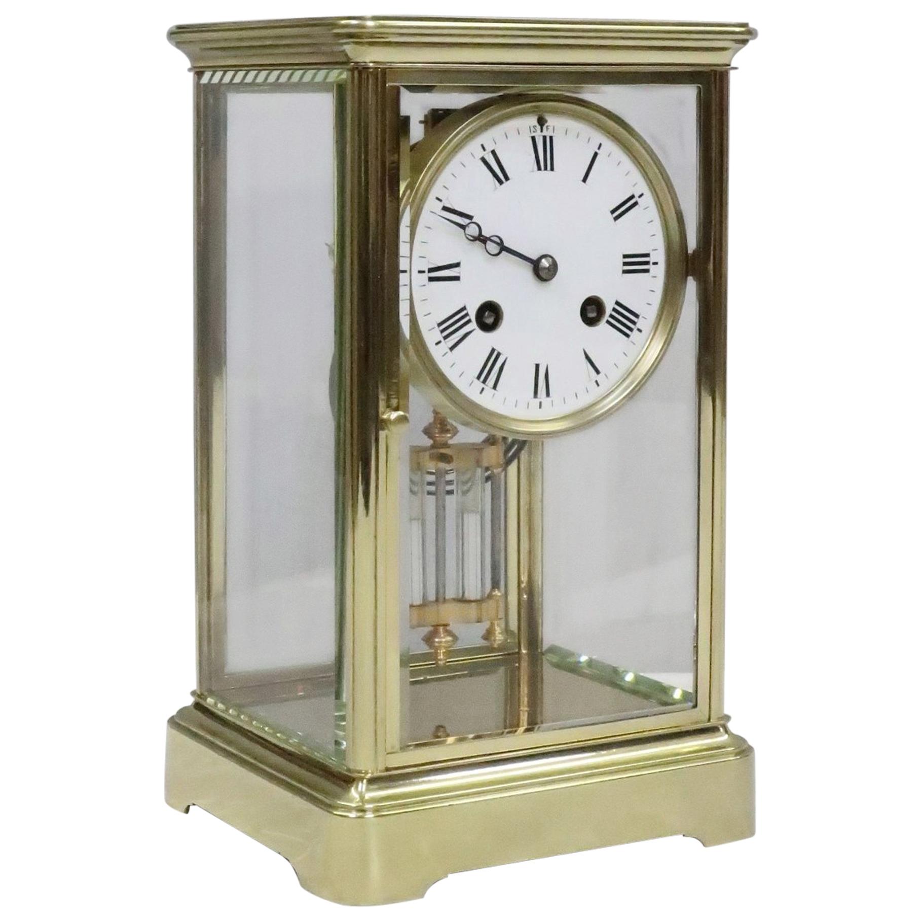 French Belle Époque Brass Four Glass Mantel Clock