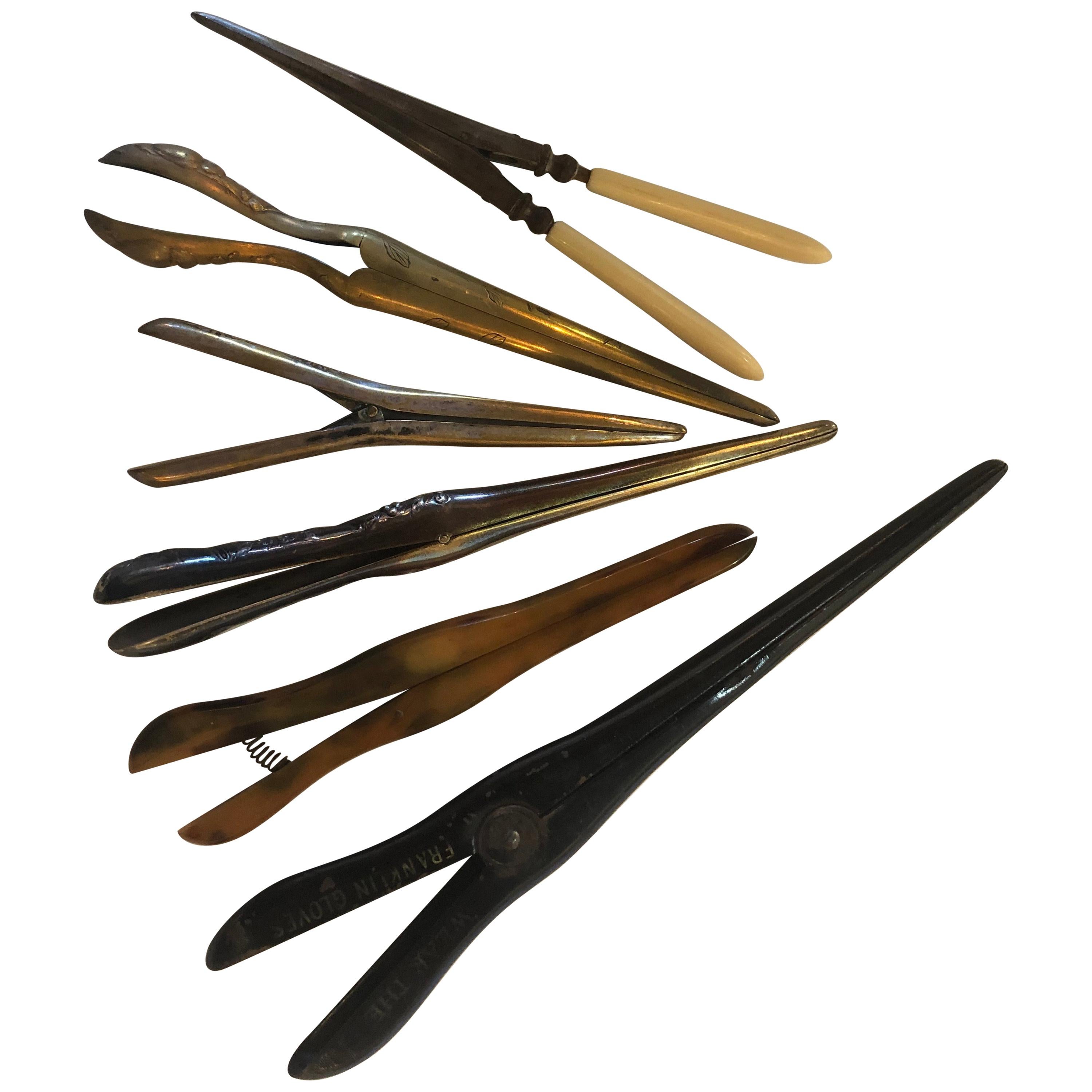 Six Assorted Metal and One Bakelite Antique Glove Stretchers Some Engraved For Sale