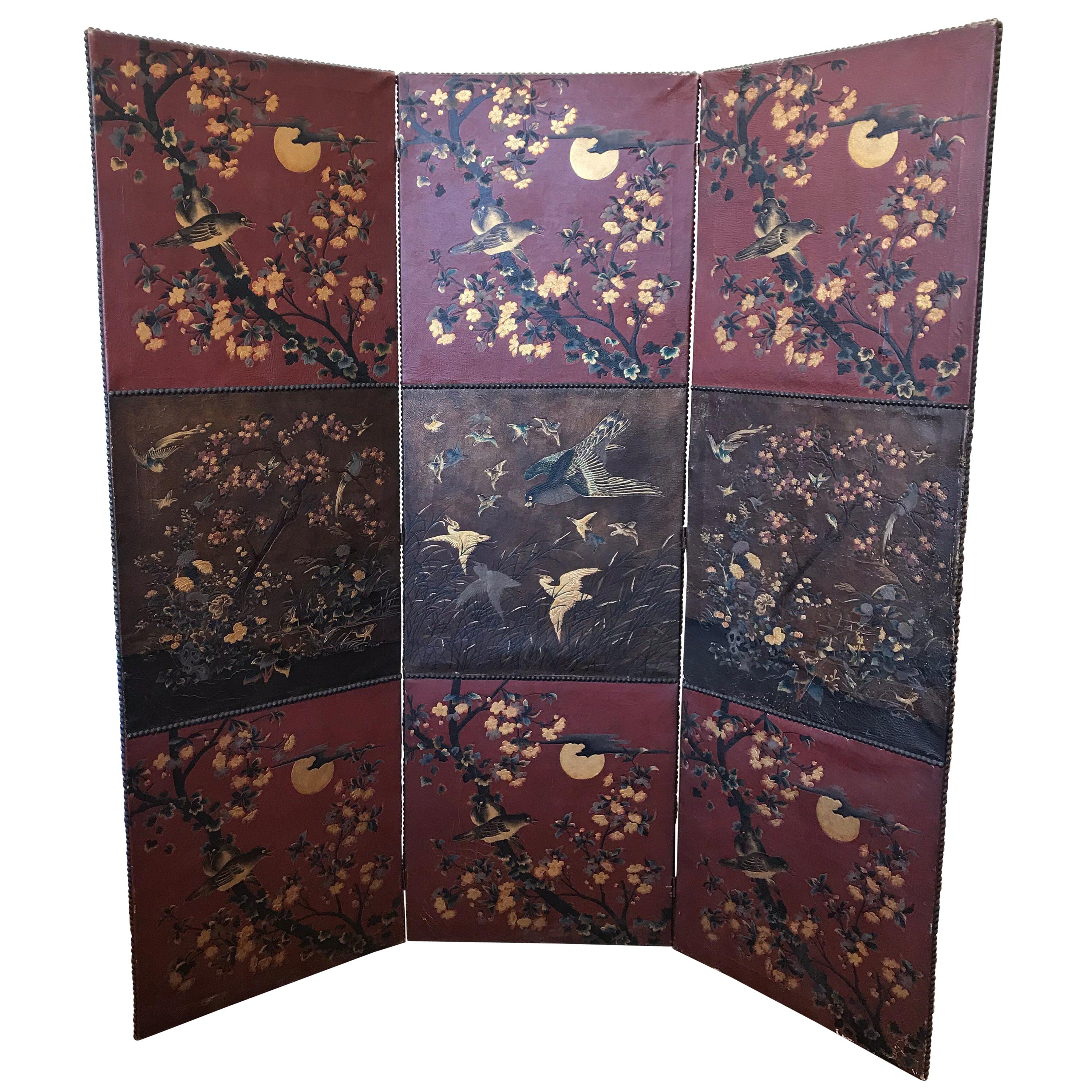 Fanciful 19th Century Chinoiserie Leather Screen For Sale