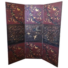 Antique Fanciful 19th Century Chinoiserie Leather Screen