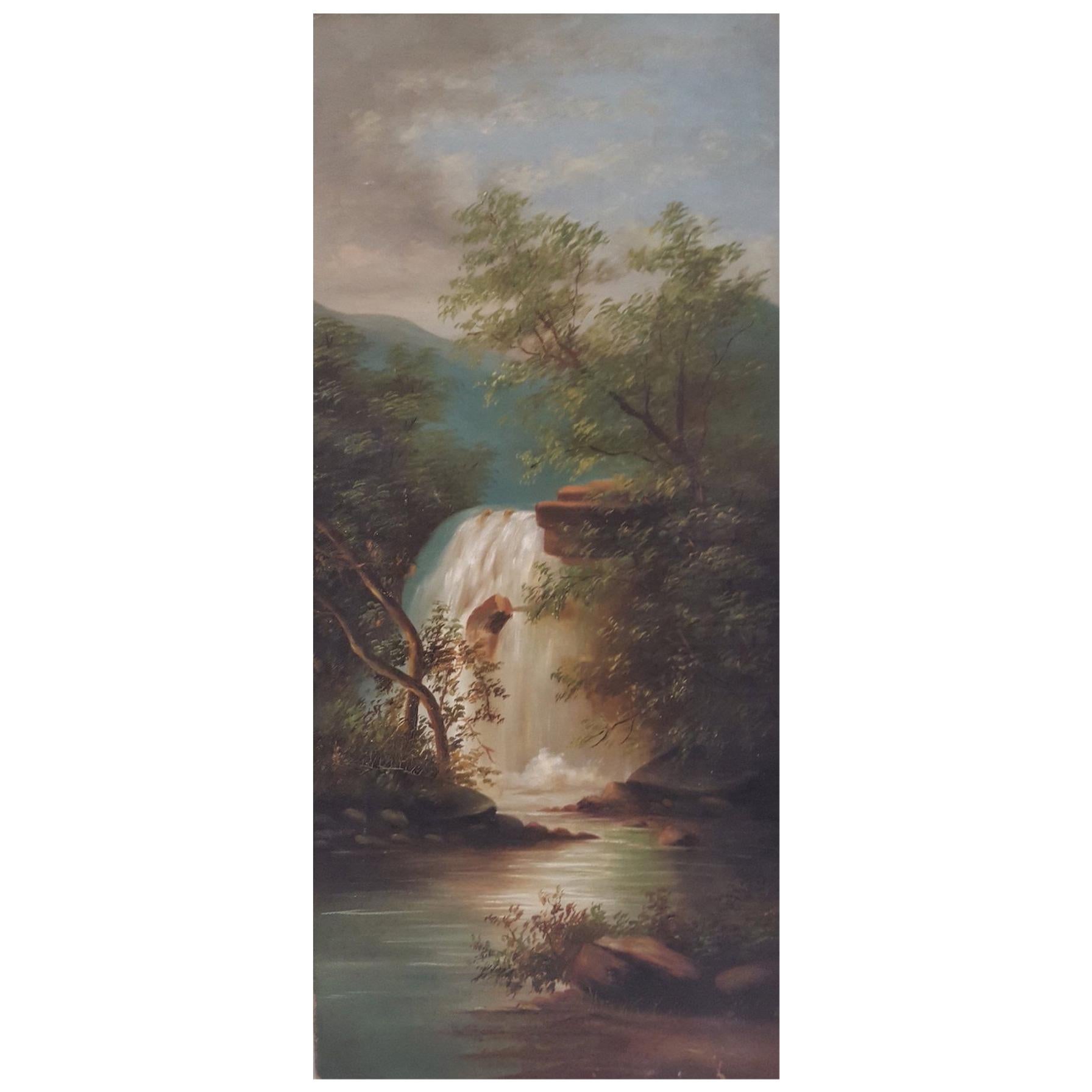 20th Century Oil on Canvas of Romanticized, Woodland Waterfall