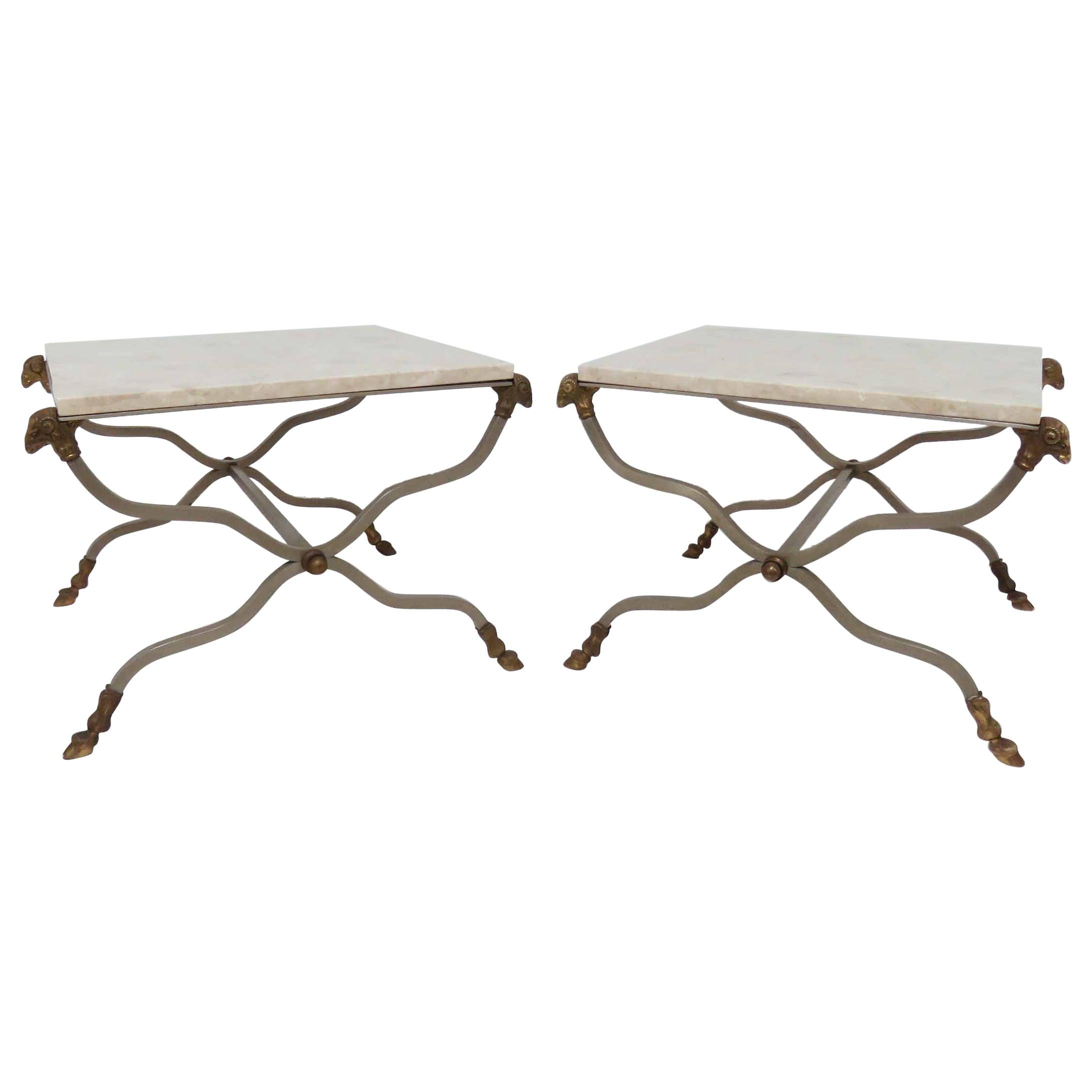 Pair of Italian X-Form End Tables with Ram's Head Accents and Travertine Tops