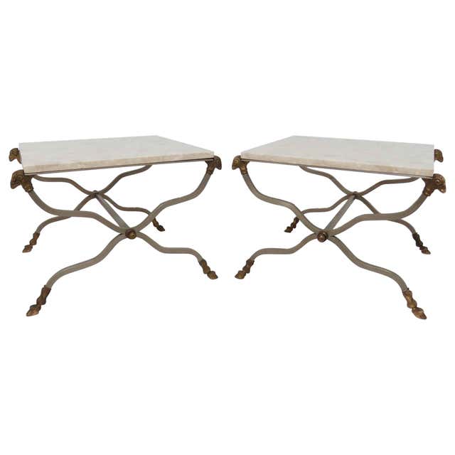 Pair of Italian X-Form End Tables with Ram's Head Accents and ...