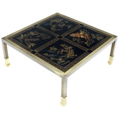 Brass and Gold Decorated Reverse Painted Glass Top Square Coffee Table
