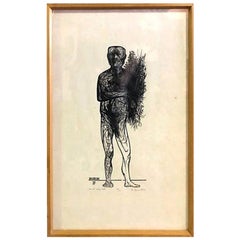 Leonard Baskin Signed Limited Edition Engraving Print Man with Spring Flowers