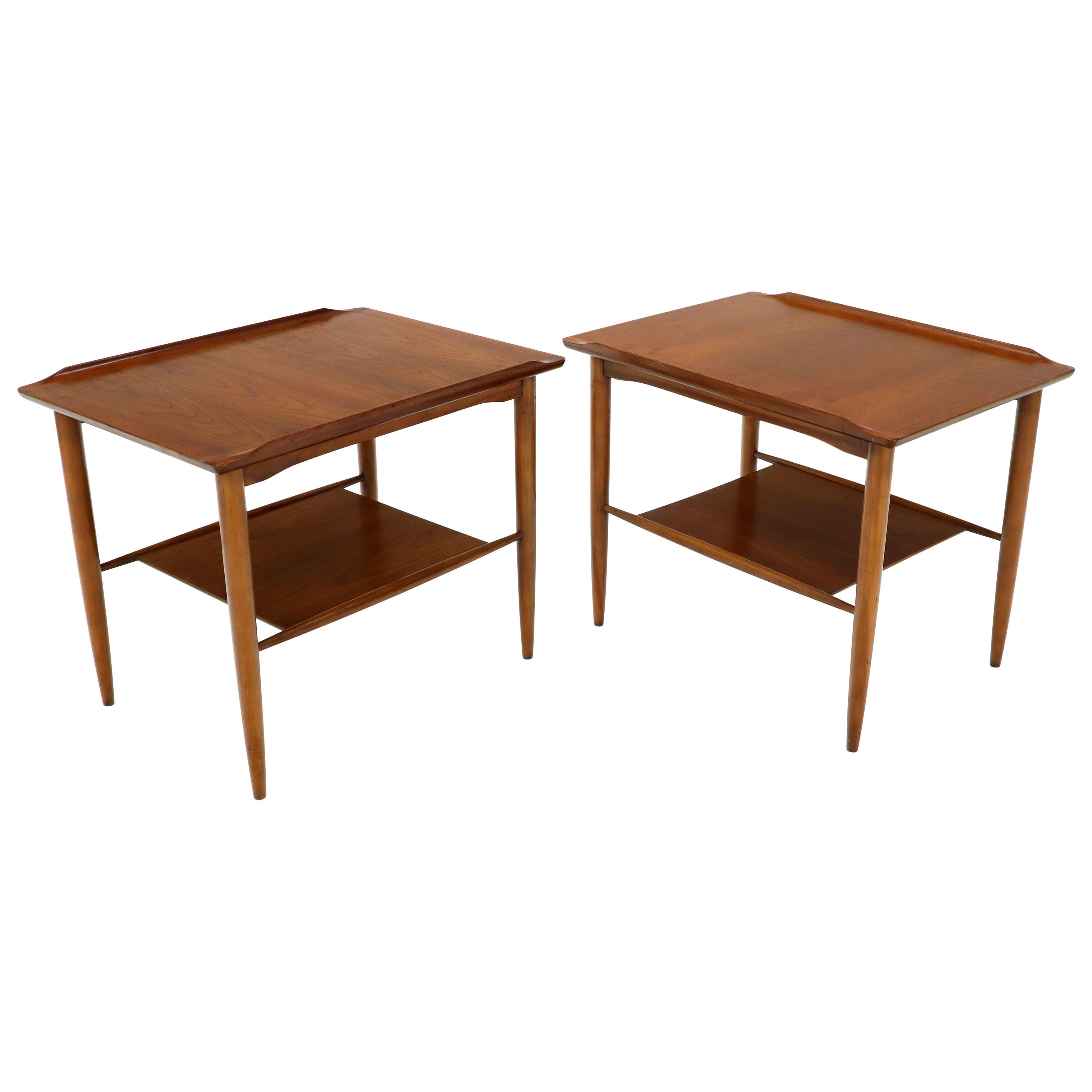 Pair of Rectangular Two-Tier Rolled Edge Top Walnut End Table with Shelf