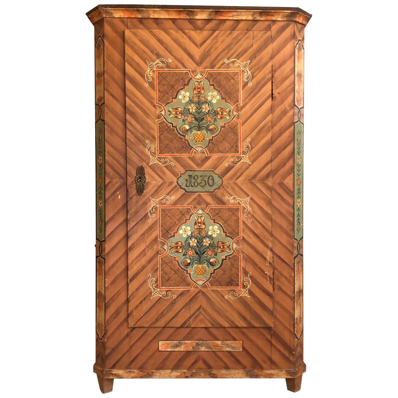 1830s Farmhouse Cabinet or Wardrobe with Hand Painted Floral Details
